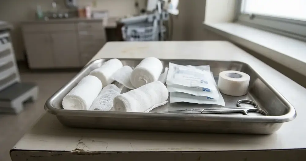 material de curativo com gaze e atadura sobre bandeja de aço inox